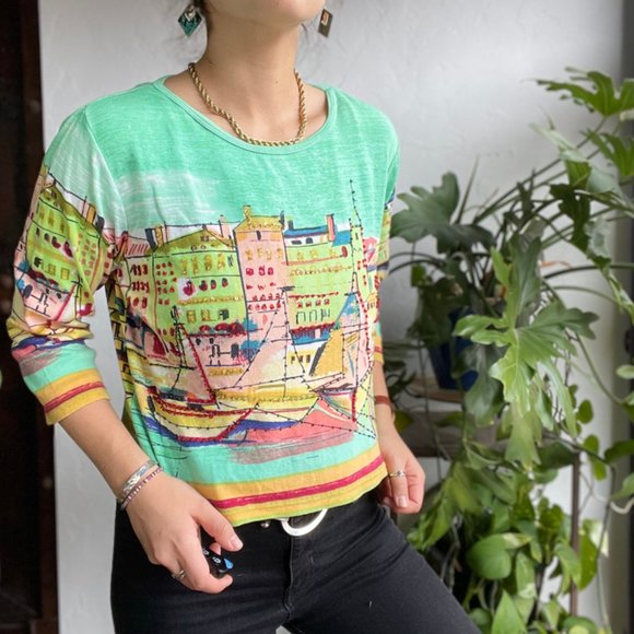 Vintage Tops - Vintage | Boxy Beaded Watercolor Top